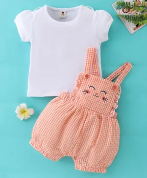 ToffyHouse Cotton Checkered & Cat Embroidery Dungaree with Half Sleeves Inner Tee - Orange & White