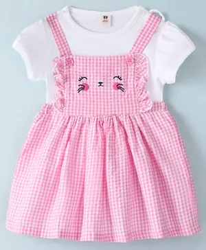ToffyHouse Cotton Woven Checked & Cat Embroidered Frock with Half Sleeves Inner T-Shirt - Pink & White