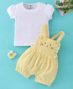 ToffyHouse Cotton Checked & Cat Embroidered Dungaree with Half Sleeves Inner Tee - Lemon Yellow & White