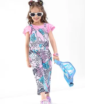Ollington St. 100%  Cotton Knit Leaves/Tropical Printed Dungaree with Frill  Sleeves  Solid Top  - Multicolour