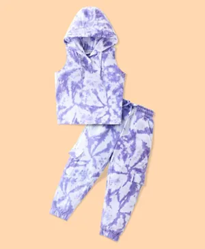 Ollington St. 100% Cotton Sinker Knit Tie Dyed Sleeveless Hoodie Top & Joggers/Co-ord Set - Lavender