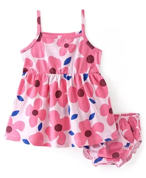 Doodle Poodle 100% Cotton Sleeveless Floral Printed Frock with Bloomer - Pink