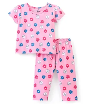 Doodle Poodle 100% Cotton Half Sleeves Night Suit/Co-ord Set With Floral Print -  Pink