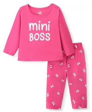 Doodle Poodle 100% Cotton Full Sleeves Text & Bow Tie Printed Night Suit - Pink
