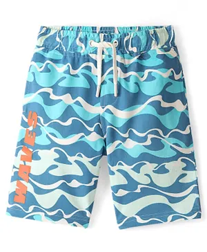 Pine Kids Cotton Terry Knit Above Knee Length Shorts With Waves Print - Light Blue