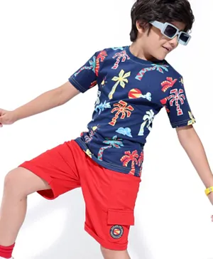 Ollington St. 100% Cotton Knit Half Sleeves T-Shirt & Shorts Set Tropical Theme – Navy Blue & Red