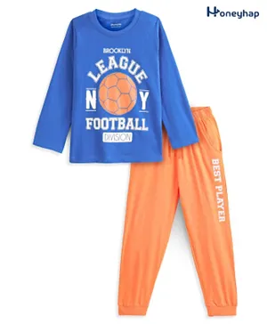 هونيهاب - بدلة نوم بطبعة كرة القدم من القطن النقي 100% مع لمسة نهائية حيوية - لابيس بلو ونكتارين