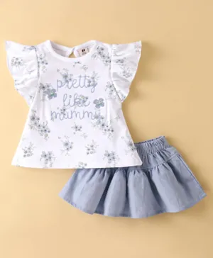 ToffyHouse Frilled Sleeves Top & Skirts With Floral & Text Print - Azure Blue & White