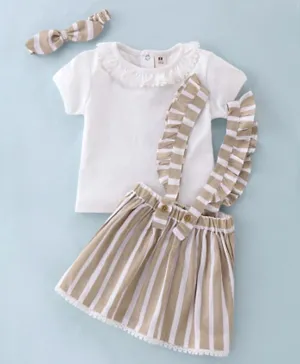 ToffyHouse Cotton Knit Half Sleeves Solid Ruffled Top with Striped Skirt & Headband - Beige & White