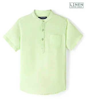 Pine Kids Cotton Linen Half Sleeves Solid Colour Mandarin Neck Shirt - Lime