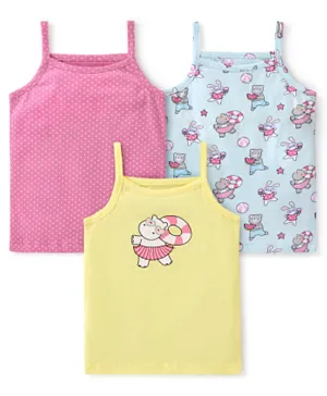 Babyhug 100% Cotton Knit Sleeveless Slips Polka Dot & Animal Print  Pack of 3 - Pink Yellow & Blue