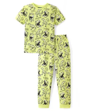 Pine Kids 100% Cotton Knit Half Sleeves Dino Printed Night Suit/Co-ord Set - Green