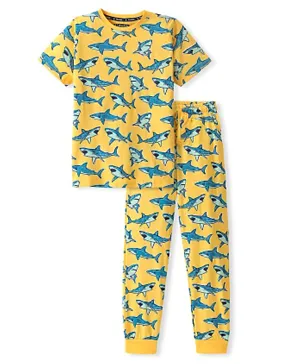 Pine Kids 100% Cotton Knit Half Sleeves Night Suit/Co-ord Set With Shark Print - Yellow