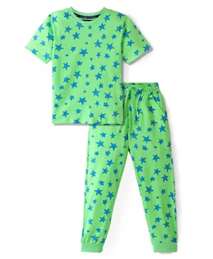 Pine Kids 100% Cotton Knit Half Sleeves Night Suit/Co-ord Set Star Print - Green