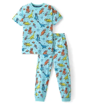 Pine Kids Cotton Knit Half Sleeves Night Suit/Co-ord Set Dino Print - Blue
