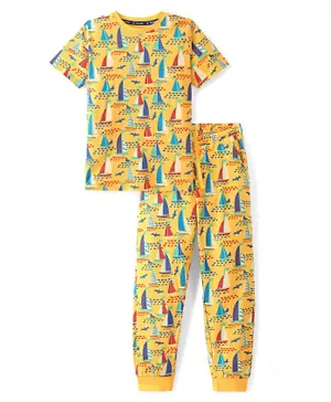 Pine Kids Cotton Knit Half Sleeves Boat Printed Night Suit/Co-ord Set - Yellow