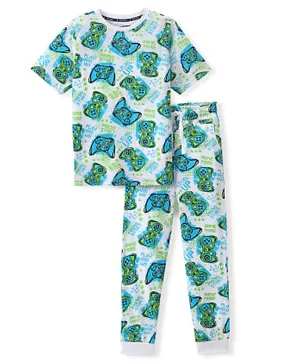 Pine Kids 100% Cotton Knit Half Sleeves Night Suit/Co-ord Set Analog Controller Print - Light Grey