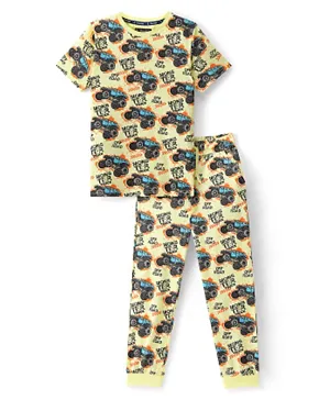 Pine Kids 100% Cotton Knit Half Sleeves Night Suit/Co-ord Set With Monster Truck Print - Yellow