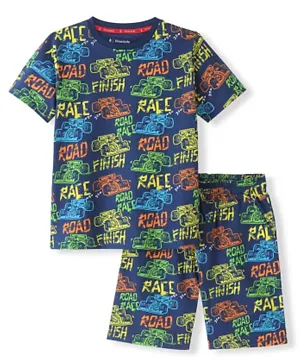 Pine Kids 100% Cotton Knit Single Jersey Half Sleeves Night Suit/Co-ord Set With Text Print - Navy Blue
