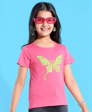 Pine Kids 100% Cotton Half Sleeves T-Shirt With Butterfly Print - Pink