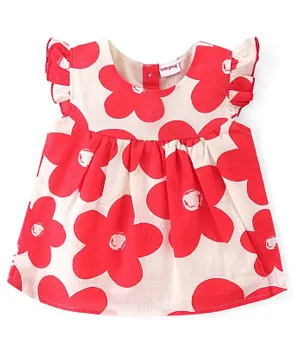 Babyhug 100% Cotton Frill Sleeves Woven Top With Floral Print - Red & White