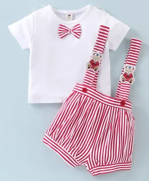 ToffyHouse 100% Cotton Half Sleeves T-Shirt & Striped  Shorts Set with Suspender & Bow - White & Red