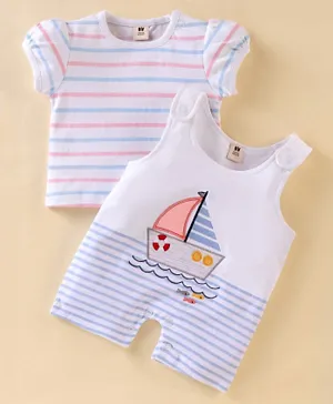 ToffyHouse 100% Cotton Embroidered Dungaree Style Romper with Half Sleeves Striped T-Shirt - White