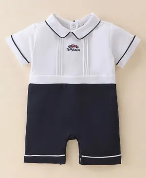 ToffyHouse Cotton Half Sleeves Romper with Branding Embroidery - Navy & White