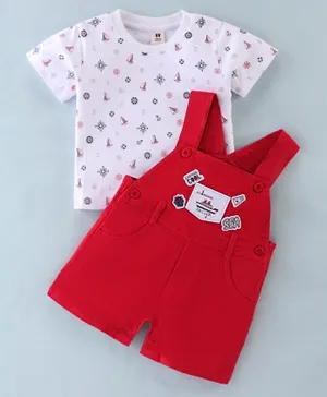 ToffyHouse Cotton Knit Half Sleeves T-Shirt With Dungaree Boat Print - Red & White