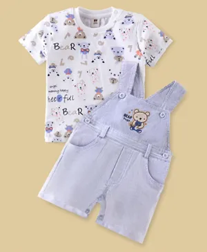 ToffyHouse Cotton Embroidered Dungaree with Half Sleeves Inner Tee Teddy Printed - Lavender & White