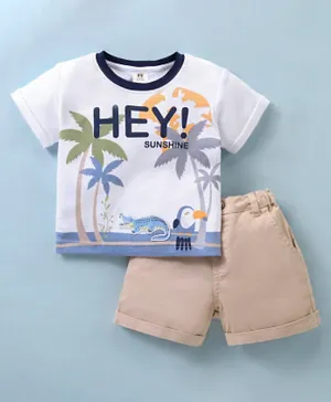 ToffyHouse Cotton Knit Half Sleeves T-Shirt & Shorts Set Beach Theme - White & Beige
