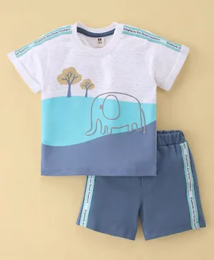 ToffyHouse Cotton Knit Half Sleeves T-Shirt and  Shorts Set With Elephant Print - White  Blue