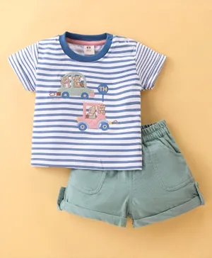 ToffyHouse Cotton Short Sleeves Striped T-Shirt & Shorts Set with Teddy Applique - Green & White