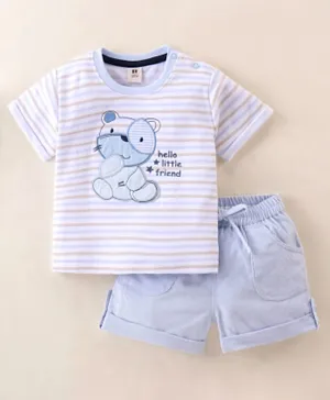 ToffyHouse Cotton Half Sleeves Striped T-Shirt and Shorts Set with Bear Patch - Light Lavender