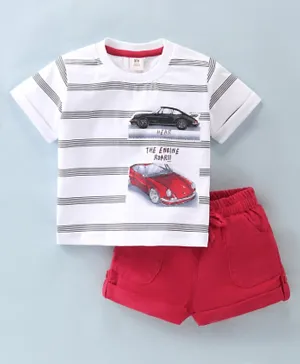 ToffyHouse Cotton Knit Half Sleeves T-Shirt & Shorts Set With Stripes & Car Print - Red & White