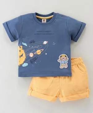 ToffyHouse Cotton Half Sleeves T-Shirt and Shorts Set Space Print - Blue & Yellow