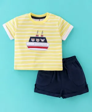 ToffyHouse Half Sleeves T-Shirt & Shorts Set With Animals & Ship Embroidery - Yellow & Navy Blue