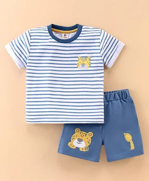 ToffyHouse Half Sleeves T-Shirt & Shorts With Striped & Tiger Embroidery - Blue & White