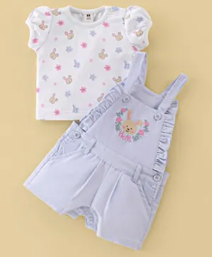 ToffyHouse Cotton Knit Bunny Embroidered Dungaree with Half Sleeves Inner Tee - Lavender & White
