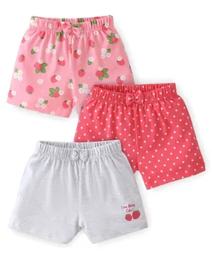 Babyhug Cotton Knit Polka Dots & Berries Printed Shorts Pack of 3 - Pink Red & Grey