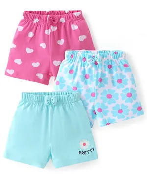 Babyhug 3 Pack Cotton Knit Shorts Solid & Heart Print with Bow Applique - Pink Blue