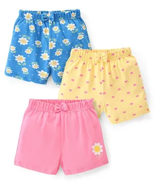 Babyhug Cotton Knit Shorts Floral & Hearts Print with Bow Applique Pack of 3 - Blue/Pink/Yellow