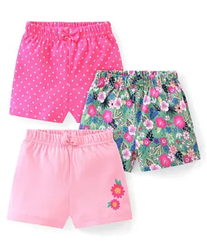 Babyhug Cotton Shorts with Floral & Polka Dots Print with Bow Applique Pack of 3 - Multi Color