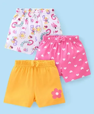 Babyhug Cotton Single Jersey Knit Shorts Butterfly & Heart Print with Bow Applique Pack Of 3 - Pink/White/Yellow