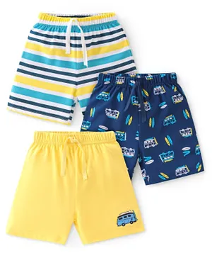 Babyhug Cotton Knit Shorts Beach Print Pack of 3 - Yellow & Blue
