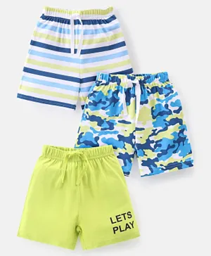 Babyhug Cotton Single Jersey Knit Shorts Striped & Camouflage Print Pack Of 3 - White/Blue/Green