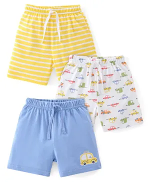 Babyhug Cotton Knit Shorts Stripes & Cars Print - Blue White & Yellow