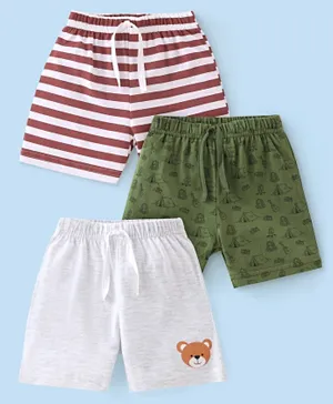 Babyhug Cotton Knit Striped and Bear Printed Shorts Pack of 3 - Multicolor