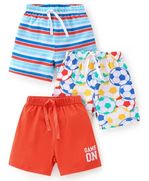 Babyhug Cotton Single Jersey Knit Shorts Stripes & Soccer Ball Print Pack Of 3 - Blue/Red/White