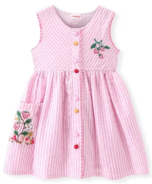 Babyhug Woven Sleeveless Seer Sucker Front Open Striped Frock Floral Embroidery - Pink